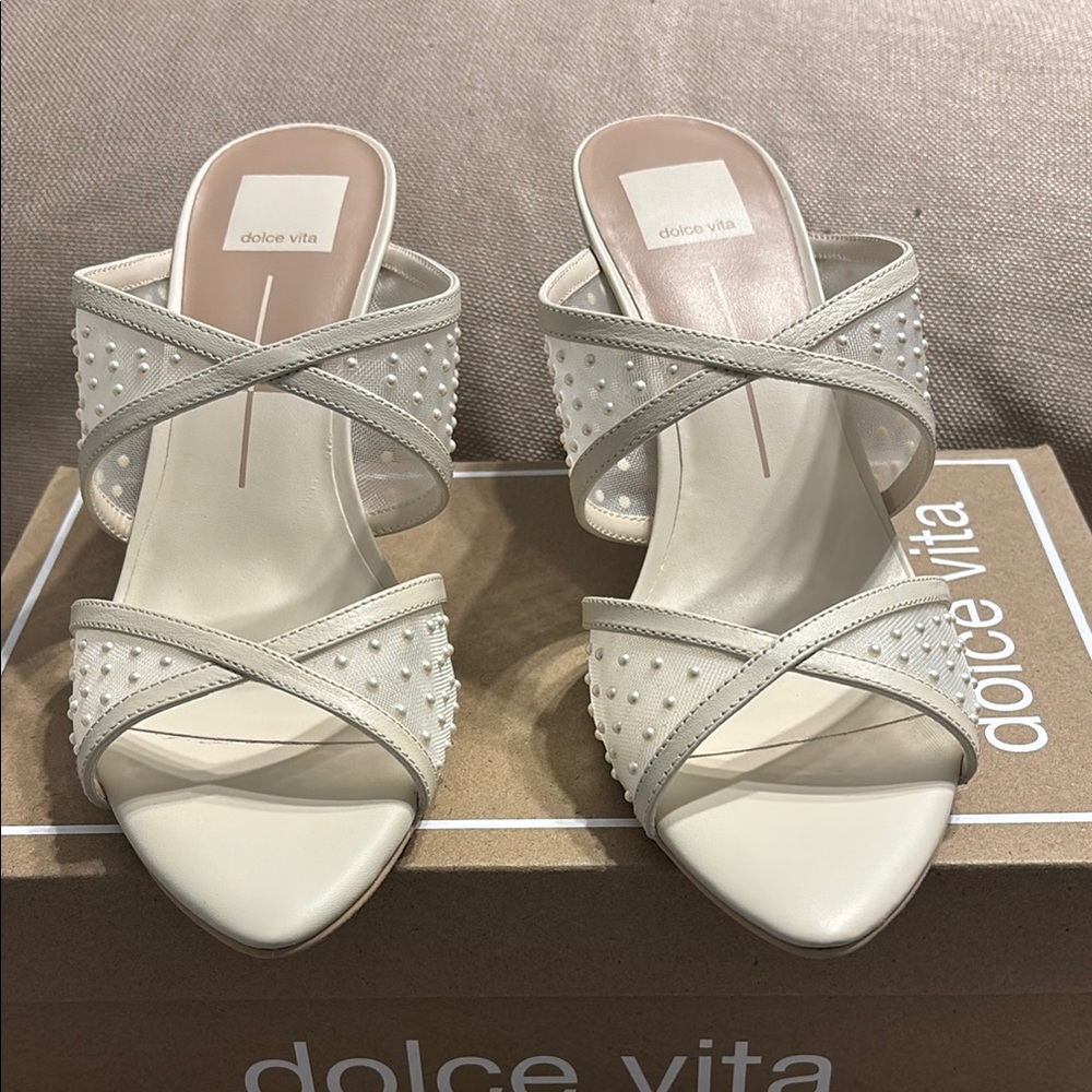 Dolce Vita Cream Beaded Cross-Strap Heeled Sandals